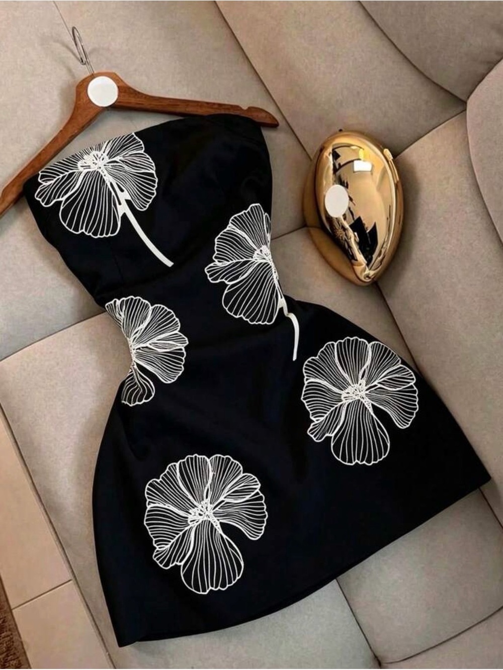 Strapless Black Mini Dress with White Floral Outline